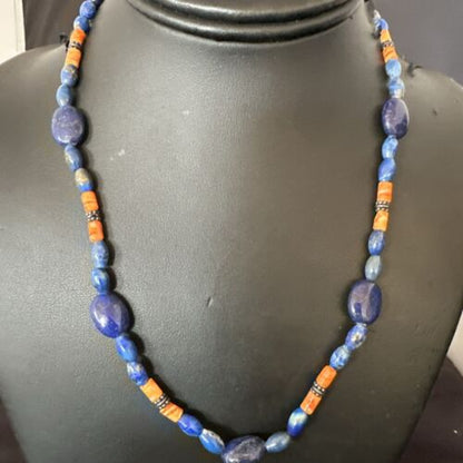 Men's Lapis & Orange Spiny Oyster Navajo Pearls Sterling Silver Necklace 18" | Handmade 17501