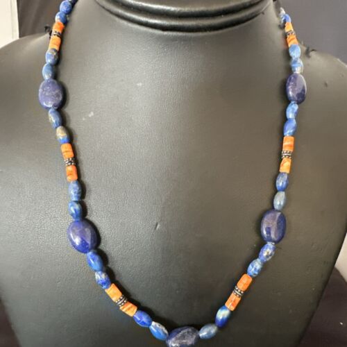 Men's Lapis & Orange Spiny Oyster Navajo Pearls Sterling Silver Necklace 18" | Handmade 17501