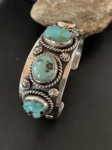 Navajo Blue Royston Turquoise 5 Stone Cuff Bracelet | Sterling Silver | Authentic Native American Handmade | 01383