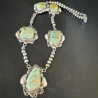 Navajo Green Royston Turquoise Pendant Necklace | Sterling Silver | Authentic Native American Handmade | 15252