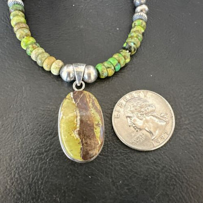 Navajo Green Turquoise Pendant Necklace | Sterling Silver | Authentic Native American Handmade | 16920