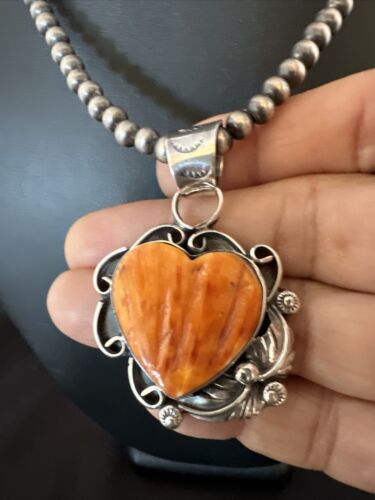 Navajo Orange Spiny Oyster Heart Pendant Necklace | Sterling Silver | Authentic Native American Handmade | 16423