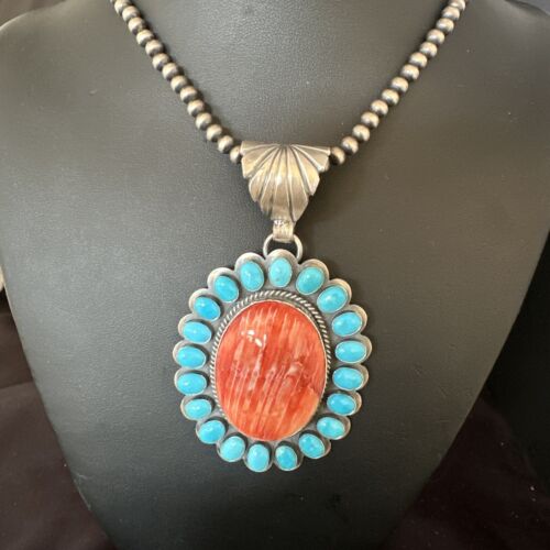 Navajo Kingman Turquoise & Red Spiny Oyster Pendant | Sterling Silver | Authentic Native American Handmade | 15449