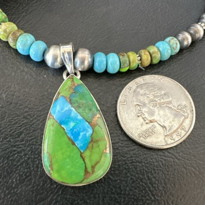 Navajo Blue Green Mojave Turquoise Pendant | Sterling Silver Pearl Necklace | Authentic Native American Handmade | 16923