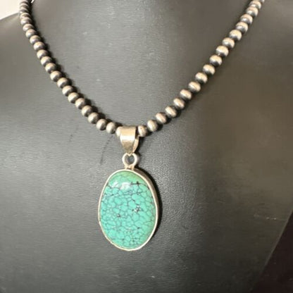 Navajo Blue Spiderweb Turquoise Pendant Necklace | Sterling Silver | Authentic Native American Handmade | 16292