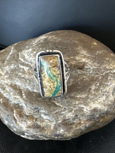 Navajo Ribbon Boulder Green Turquoise Ring | Sterling Silver | Sz 8 | Authentic Native American Handmade | 16385