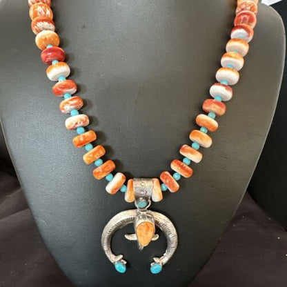 Navajo Blue Turquoise Spiny Oyster Naja Pendant Necklace | Sterling Silver | Authentic Native American Handmade | 16262