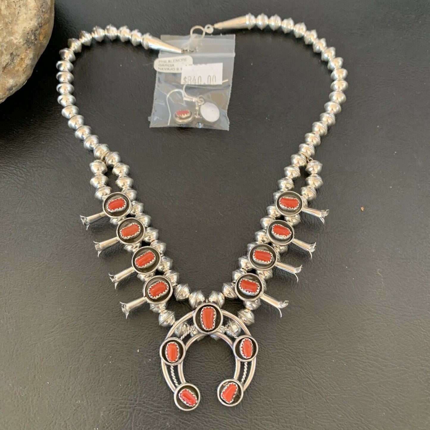 Navajo Coral Squash Blossom Necklace & Earrings | Sterling Silver Shadow Box | Authentic Native American Handmade | 10888