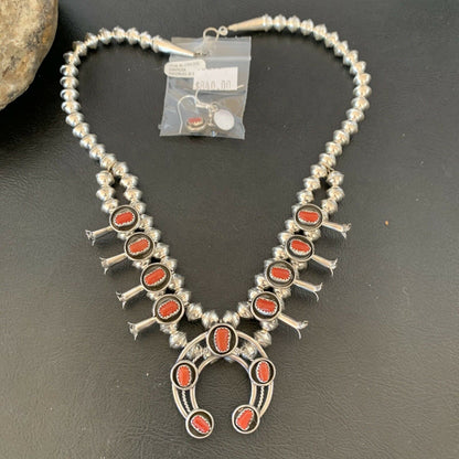 Navajo Coral Squash Blossom Necklace & Earrings | Sterling Silver Shadow Box | Authentic Native American Handmade | 10888