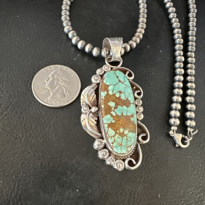 Navajo Blue Turquoise #8 Pendant | Sterling Silver Necklace with Pearls | Authentic Native American Handmade | 15442