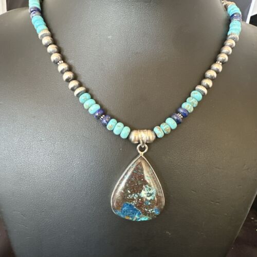 Navajo Blue Turquoise Jasper Pendant with Lapis | Sterling Silver Necklace | Native American Handmade | 16928
