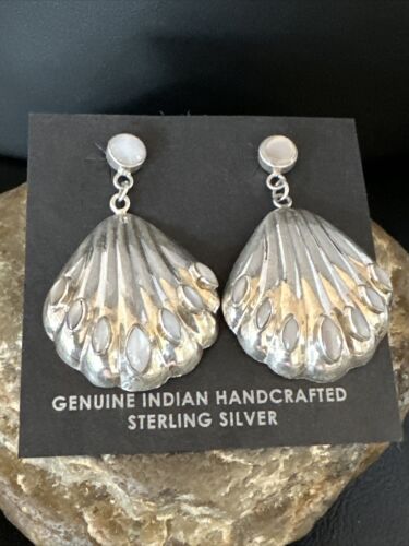 Navajo Pink Mother of Pearl Dangle Inlay Earrings | Sterling Silver | Authentic Native American Handmade | 15305