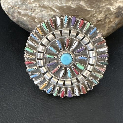 Zuni Multi-Color Turquoise Needle Point Wheel Pin Pendant | Sterling Silver | Authentic Native American Handmade | 15154