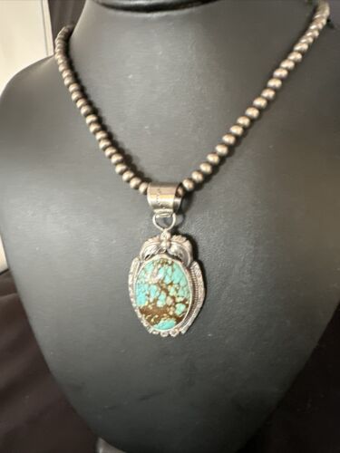 Navajo Pearls Sterling Silver Necklace with Blue Turquoise #8 Pendant | Authentic Native American Handmade | 14859