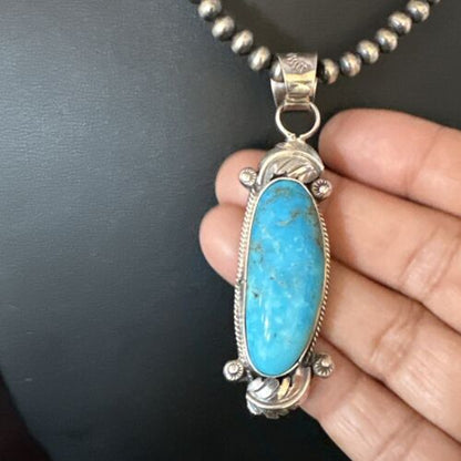 Navajo Kingman Turquoise Pendant Necklace | Sterling Silver Pearls | Authentic Native American Handmade | 15212 - Masha USA