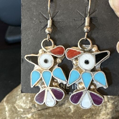 Zuni Peyote Bird Earrings | Coral Turquoise Onyx Inlay | Sterling Silver | 17137