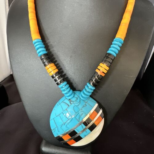 Santo Domingo Shell Turquoise Spiny Inlay Necklace | Sterling Silver | 22" | Authentic Native American Handmade | 15321