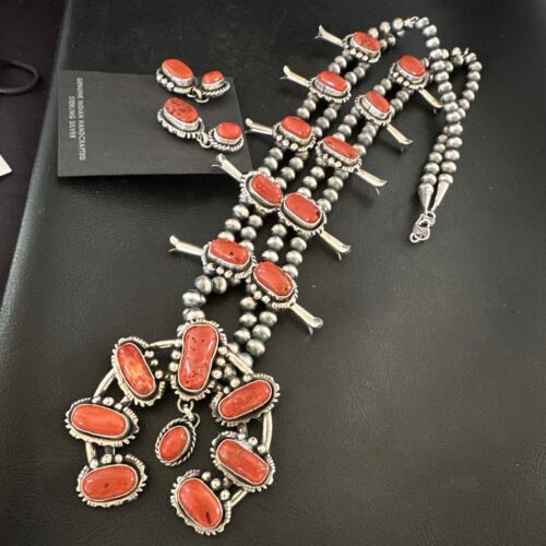 Navajo Red Coral Naja Pendant | Sterling Silver Squash Blossom Necklace & Earrings | 17047