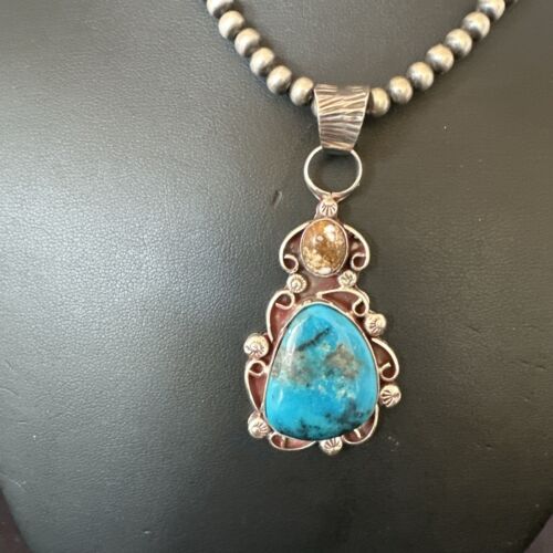 Navajo Blue Kingman Turquoise Wild Horse Necklace Pendant | Sterling Silver | Authentic Native American Handmade | 17221