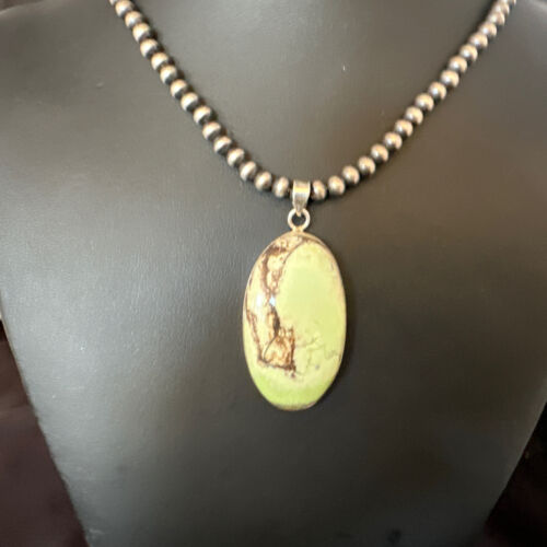 Navajo Green Gaspeite Pendant Necklace | Sterling Silver | Authentic Native American Handmade | 15483