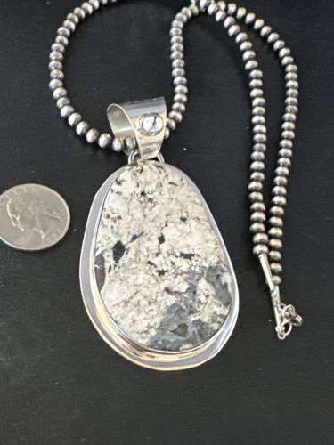 Navajo White Buffalo Turquoise Pendant Necklace | Sterling Silver | Authentic Native American Handmade | 14991