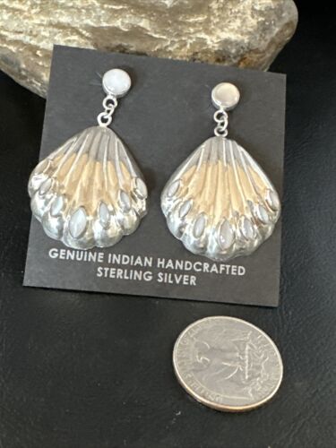 Navajo Pink Mother of Pearl Dangle Inlay Earrings | Sterling Silver | Authentic Native American Handmade | 15305