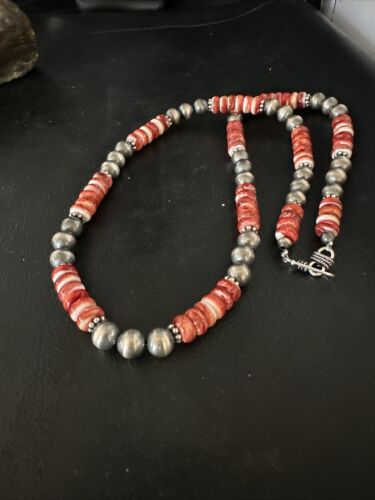 Navajo Pearls Red Spiny Oyster Necklace | 8mm Sterling Silver | Authentic Native American Handmade | 22" | 14850