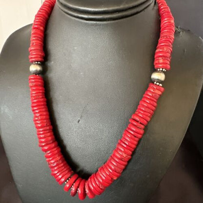 Authentic Native American Red Coral Graduated Navajo Pearls Necklace | Sterling Silver | 18" | 17537
