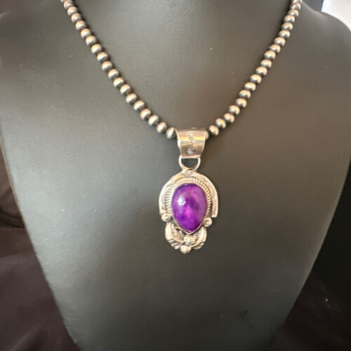 Navajo Purple Sugilite Pendant with Pearls | Sterling Silver Necklace | Authentic Native American Handmade | 15452