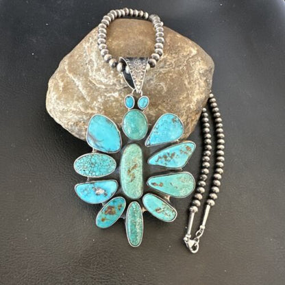 Navajo Blue Kingman Turquoise Cluster Pendant Necklace | Sterling Silver | Native American Handmade | 16797