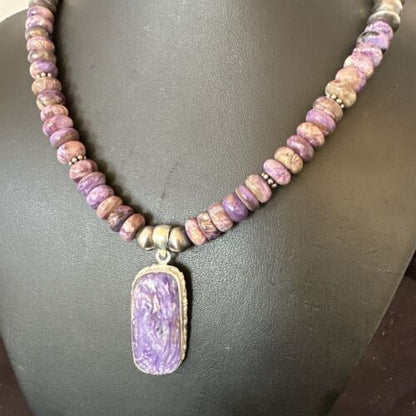 Navajo Purple Charoite Pendant with Pearls | Sterling Silver Necklace | Authentic Native American Handmade | 16338