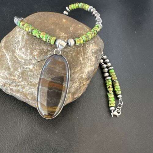 Navajo Green Turquoise Jasper Pendant | Sterling Silver Necklace | Authentic Native American Handmade | 17053