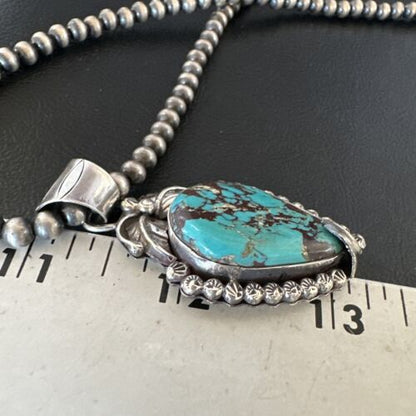 Navajo Blue Turquoise Pendant Necklace | Sterling Silver Pearls | Authentic Native American Handmade | 15642