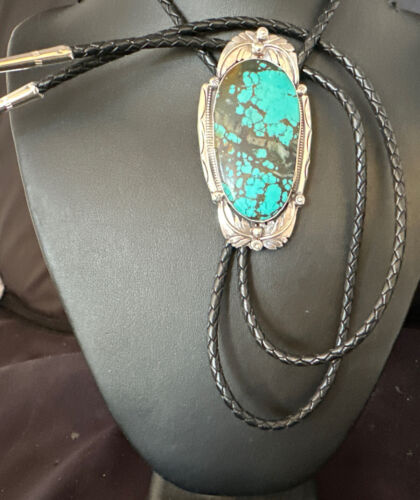 Men's Blue Spiderweb Turquoise Bolo Tie | Navajo Sterling Silver | Authentic Native American Handmade | 15010 - Masha USA