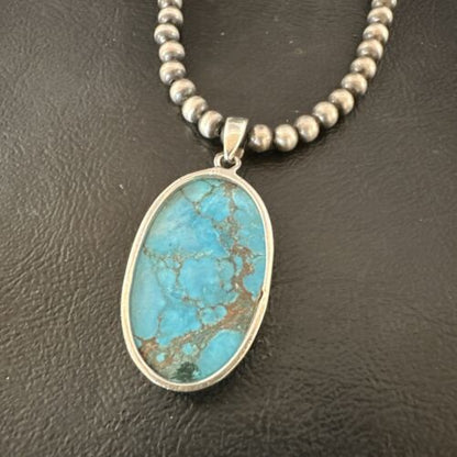 Navajo Blue Spiderweb Turquoise Pendant Necklace | Sterling Silver | Authentic Native American Handmade | 17014