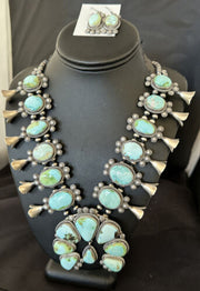 Royston Turquoise Navajo Squash Blossom Necklace & Earrings | Sterling Silver | Native American Handmade | 16536