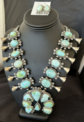 Royston Turquoise Navajo Squash Blossom Necklace & Earrings | Sterling Silver | Native American Handmade | 16536