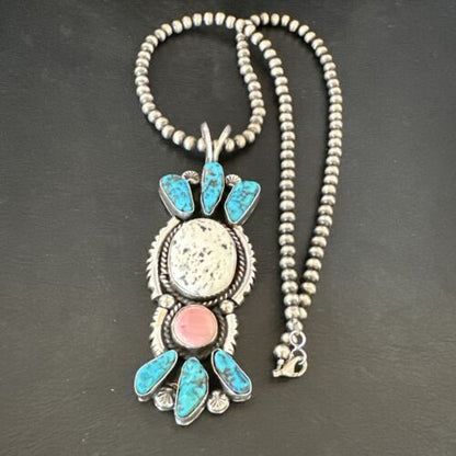 Navajo Blue Kingman Turquoise Cluster Pendant | Sterling Silver | 4" | Authentic Native American Handmade | 17419