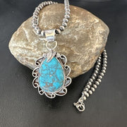 Men's Blue Kingman Turquoise Pendant Necklace | Navajo Pearls | Sterling Silver | 16017