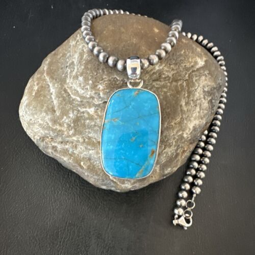 Blue Kingman Turquoise Pendant | Navajo Pearls | Sterling Silver Necklace 20" | 16996