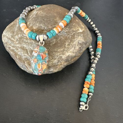 Navajo Spiny Turquoise Pendant Necklace | Sterling Silver | 22" | Authentic Native American Handmade | 17429