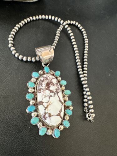 Navajo Wild Horse Turquoise Pendant | Sterling Silver | Native American Handmade | 17147