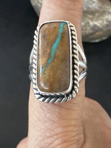 Navajo Ribbon Boulder Green Turquoise Ring | Sterling Silver | Sz 8.5 | Authentic Native American Handmade | 16386