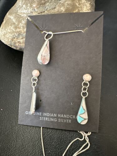 Zuni Turquoise & Pink Mother of Pearl Inlay Pendant Necklace & Earrings Set | Double Sided | Sterling Silver | Native American Handmade | 17493