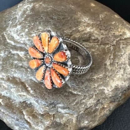 Navajo Orange Spiny Oyster Cluster Ring | Authentic Native American Sterling Silver | Multi-Stone | Sz 8 | 16331