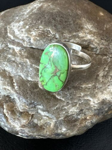 Green Mojave Turquoise Navajo Sterling Silver Ring Adjustable Size 10 15711