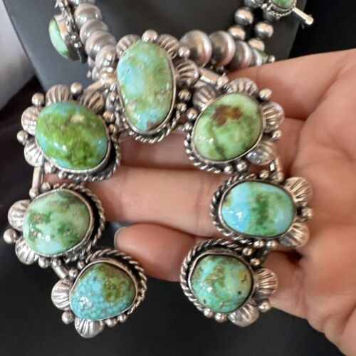 Navajo Green Sonoran Gold Turquoise Squash Blossom Necklace Pendant | Sterling Silver | Native American Handmade | 16546