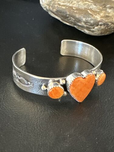 Navajo Orange Spiny Oyster Heart Cuff Bracelet | Sterling Silver | Authentic Native American Handmade | 15349