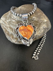 Navajo Orange Spiny Oyster Heart Pendant Necklace | Sterling Silver | Authentic Native American Handmade | 16418