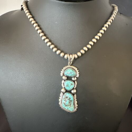Navajo Blue Kingman Turquoise 3 Stone Cluster Pendant | Sterling Silver | Authentic Native American Handmade | 17632